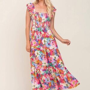Jodifl Floral Multicolor Maxi Dress double ruffle sleeve